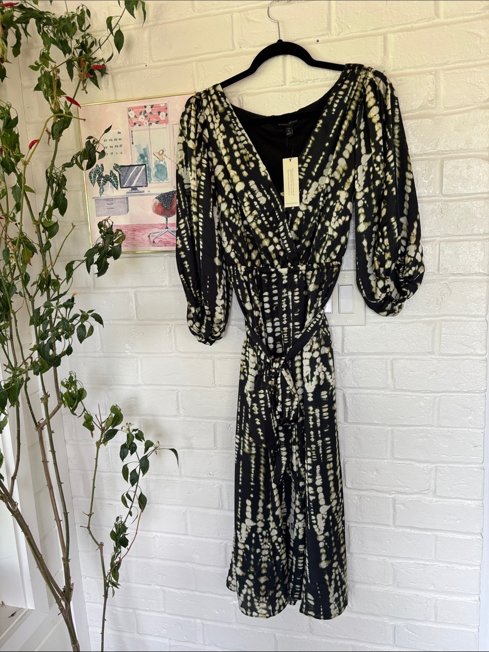 Banana Republic Black and Cream Tie-Dye Wrap Midi Dress